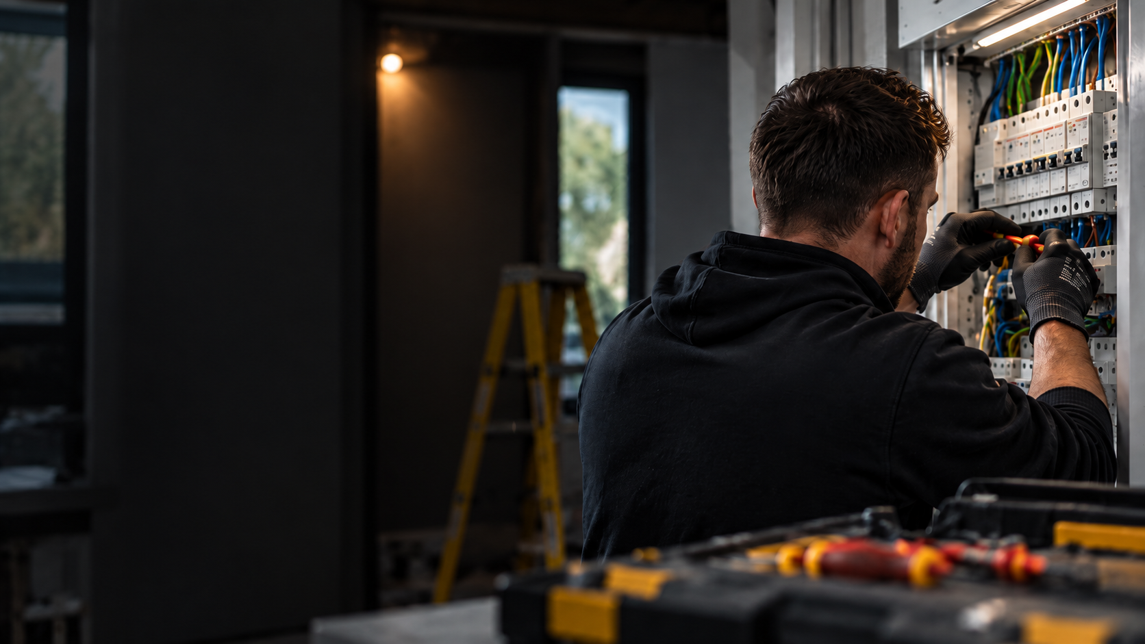 Electrician working carefully on an electrical distribution board